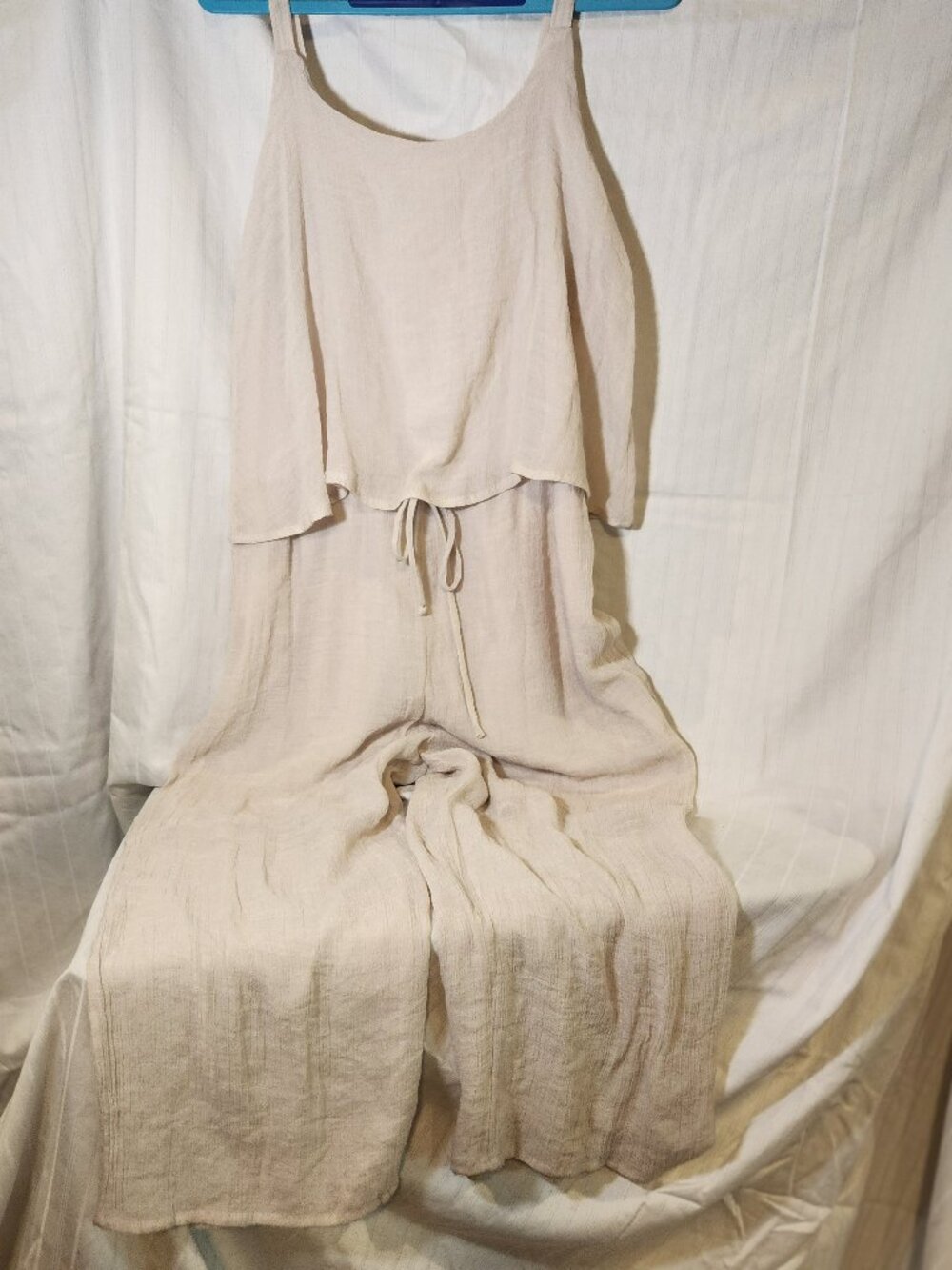 Naïf Women's Natural Beige Crinkle Gauze Crop Overlay Wide Leg Jumpsuit Size L